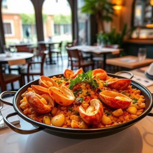 Paella de mariscos servida en un restaurante de Barcelona