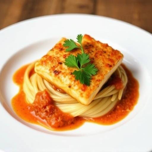 Romesco de pescado servido en un plato blanco con perejil