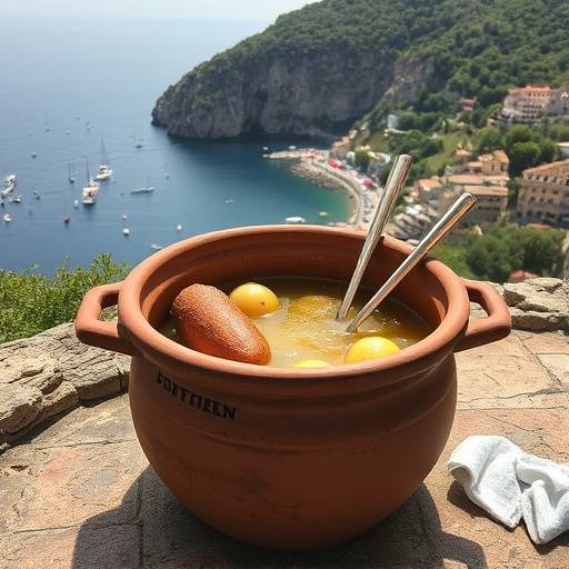 Suquet de peix servido en una cazuela de barro en un restaurante con vistas al mar en la Costa Brava