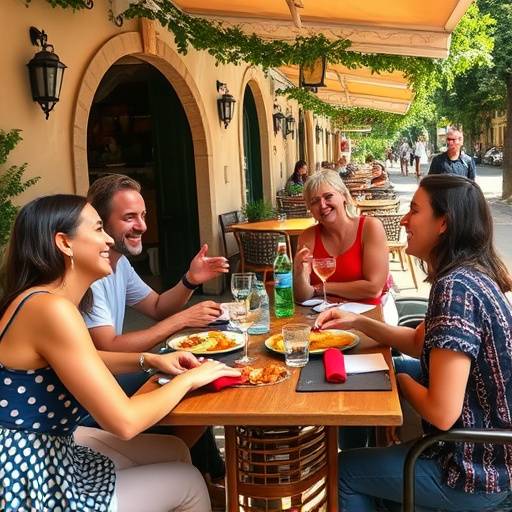 Un grupo de personas disfrutando de una comida al aire libre en un restaurante catal&aacute;n, compartiendo platos y risas.