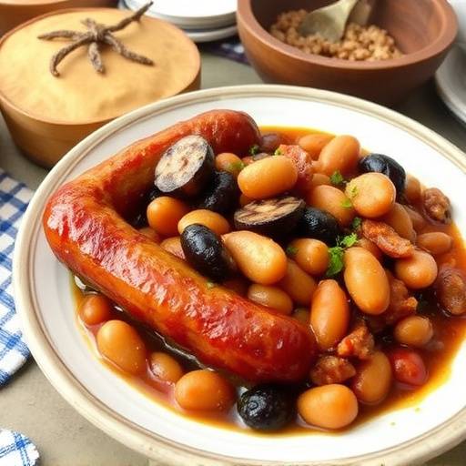 Un plato de Botifarra amb mongetes, salchicha catalana con alubias blancas.