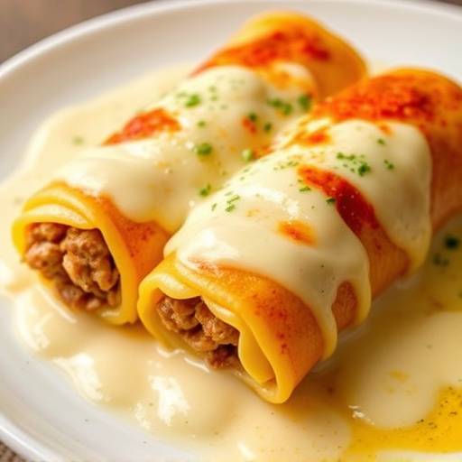 Un plato de Canelones, pasta rellena de carne y cubierta con bechamel y queso gratinado.