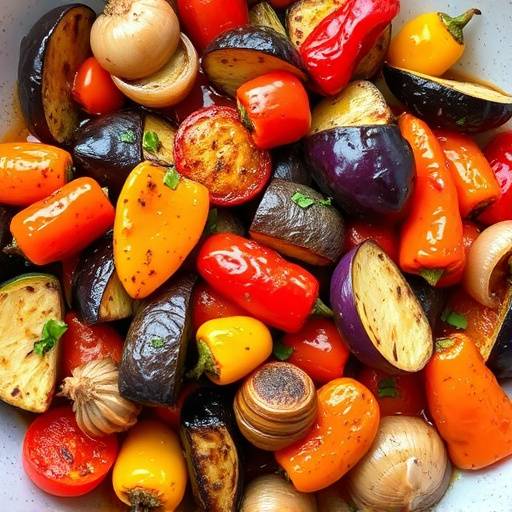 Un plato de Escalivada, verduras asadas como berenjena, pimiento y cebolla.