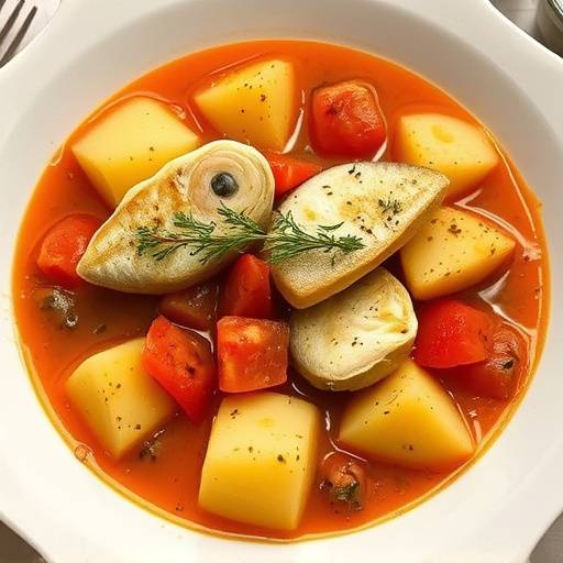 Un plato de Suquet de Peix, guiso de pescado con patatas, tomates y azafr&aacute;n.