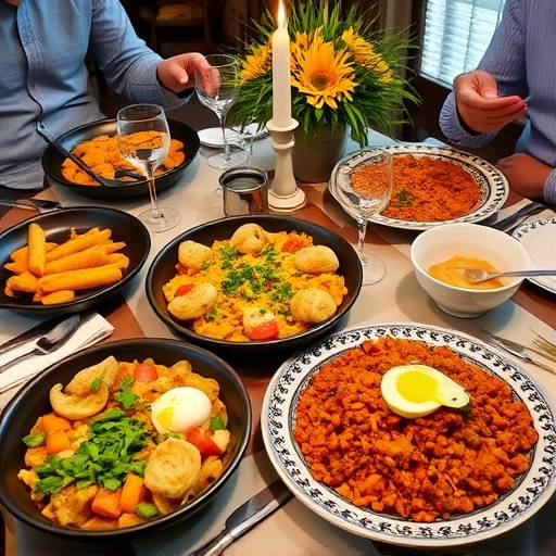Una mesa llena de platos tradicionales catalanes, como paella, escalivada y crema catalana.